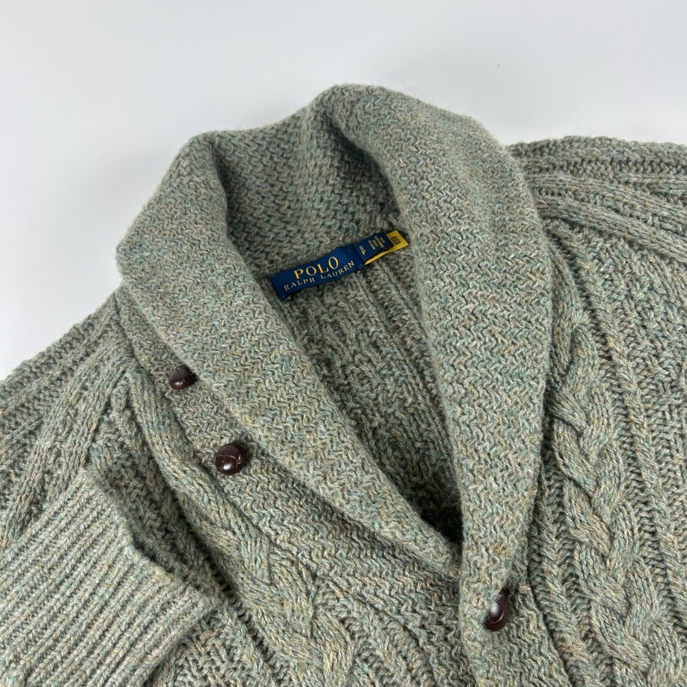Polo Ralph Lauren Mens S Wool Cashmere Shawl Collar Cable Knit Cardigan Sage